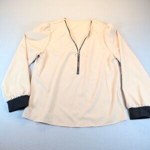 Shein Women Tan Half Zip Ring Pull Blouse Black Contrast Cuff Long Sleeve Large